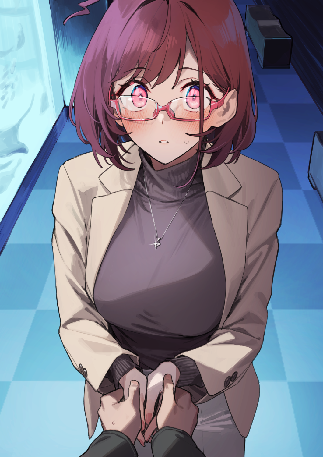 1boy, 1girl, 92m, aquarium, black_sweater, blush, breasts, brown_jacket