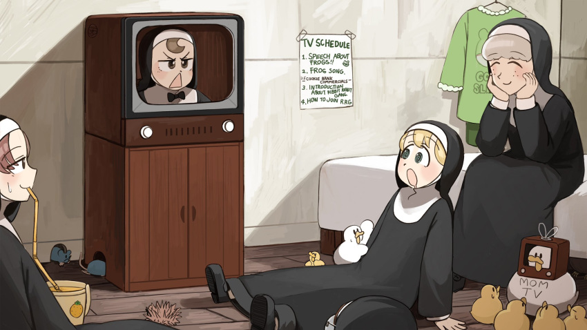 5girls, bird, black_bow, black_bowtie, black_footwear, blonde_hair, blue_eyes, bow