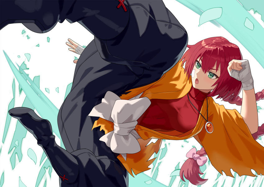 1girl, bandage_on_face, bandaged_hand, bandages, black_footwear, boots, bow, braid, breasts, dougi, flying_kick, green_eyes, hair_bow, highres, jewelry, kicking, long_hair, medium_breasts, monk_(sekaiju), monk_4_(sekaiju), necklace, open_mouth, pants, pants_tucked_in, pink_bow, puffy_pants, redhead, sekaiju_no_meikyuu, sekaiju_no_meikyuu_3, single_braid, solo, torn_clothes, yagi2013