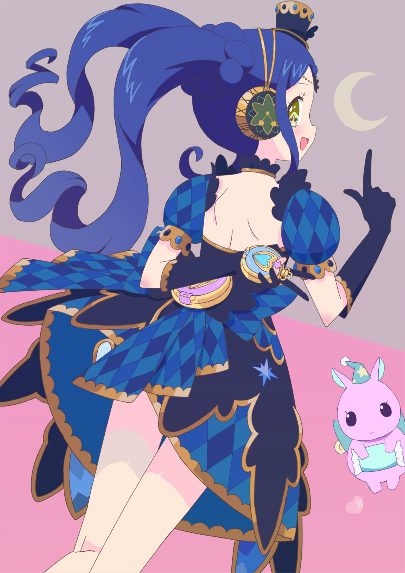 1girl, :d, arm_behind_back, arrow_(symbol), back_cutout, baku_(creature), blue_dress, blue_gloves