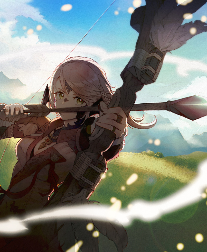 1girl, aiming, arrow_(projectile), au_ra, blue_sky, bow_(weapon), cirina_mol, clouds