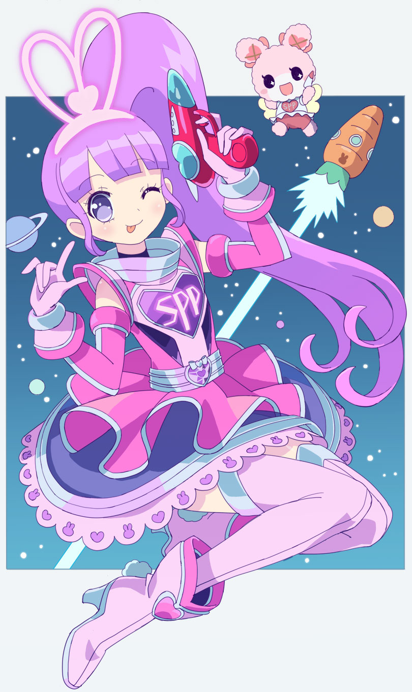 1girl, animal_ears, arm_up, blunt_bangs, boots, carrot, dress, fake_animal_ears