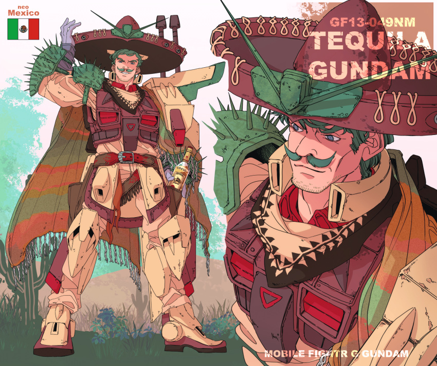 1boy, 8823, alcohol, arm_up, armor, armored_boots, bandana, beard_stubble, belt, blue_eyes, boots, bottle, brown_belt, brown_pants, brown_skirt, cactus, character_name, collared_shirt, copyright_name, facial_hair, g_gundam, gloves, grass, green_hair, grey_gloves, grin, gundam, hat, highres, holster, legs_apart, male_focus, mecha_danshi, mexican_flag, mexico, mountain, multiple_views, mustache, pants, sarape, shirt, short_hair, shoulder_armor, shoulder_spikes, skirt, smile, sombrero, spikes, standing, stubble, tequila_gundam, v-fin