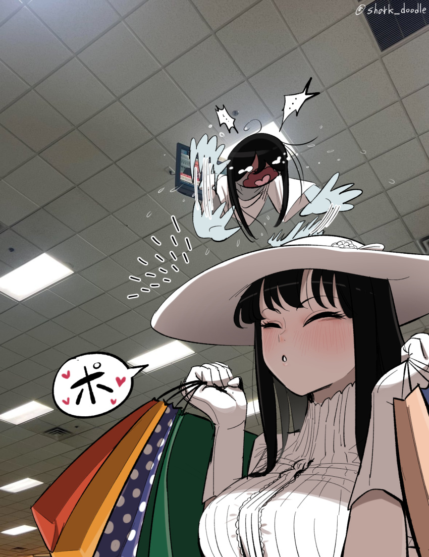 2girls, black_hair, blush, ceiling, closed_eyes, crying, doodle_shark, dress
