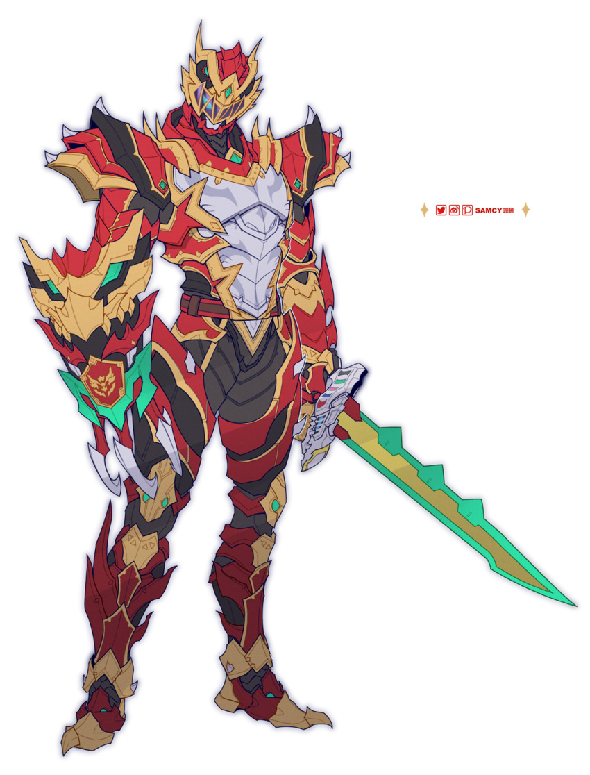 armor, bodysuit, character_request, claw_(weapon), claws, dino_fury_red_ranger, dino_knight_morpher, dino_knight_red_ranger, dino_master_saber, dual_wielding, full_armor, full_body, highres, holding, holding_sword, holding_weapon, kishiryu_sentai_ryusoulger, koh_(character), max_ryusoul_changer, max_ryusoul_red, power_rangers_dino_fury, red_bodysuit, ryusoul_calibur, ryusoul_red, super_sentai, sword, tokusatsu, tongzhen_ganfan, weapon, zayto_(power_rangers)