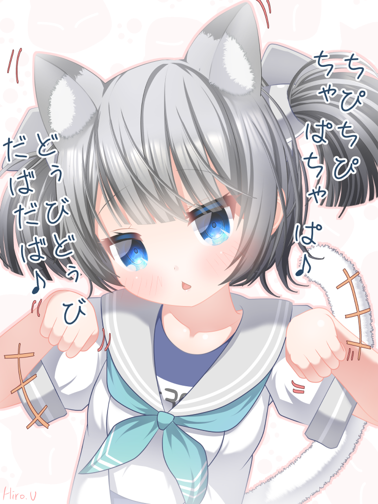 1girl, animal_ears, aqua_neckerchief, blue_eyes, blue_one-piece_swimsuit, cat_ears, chestnut_mouth, chipi_chipi_chapa_chapa_(meme)