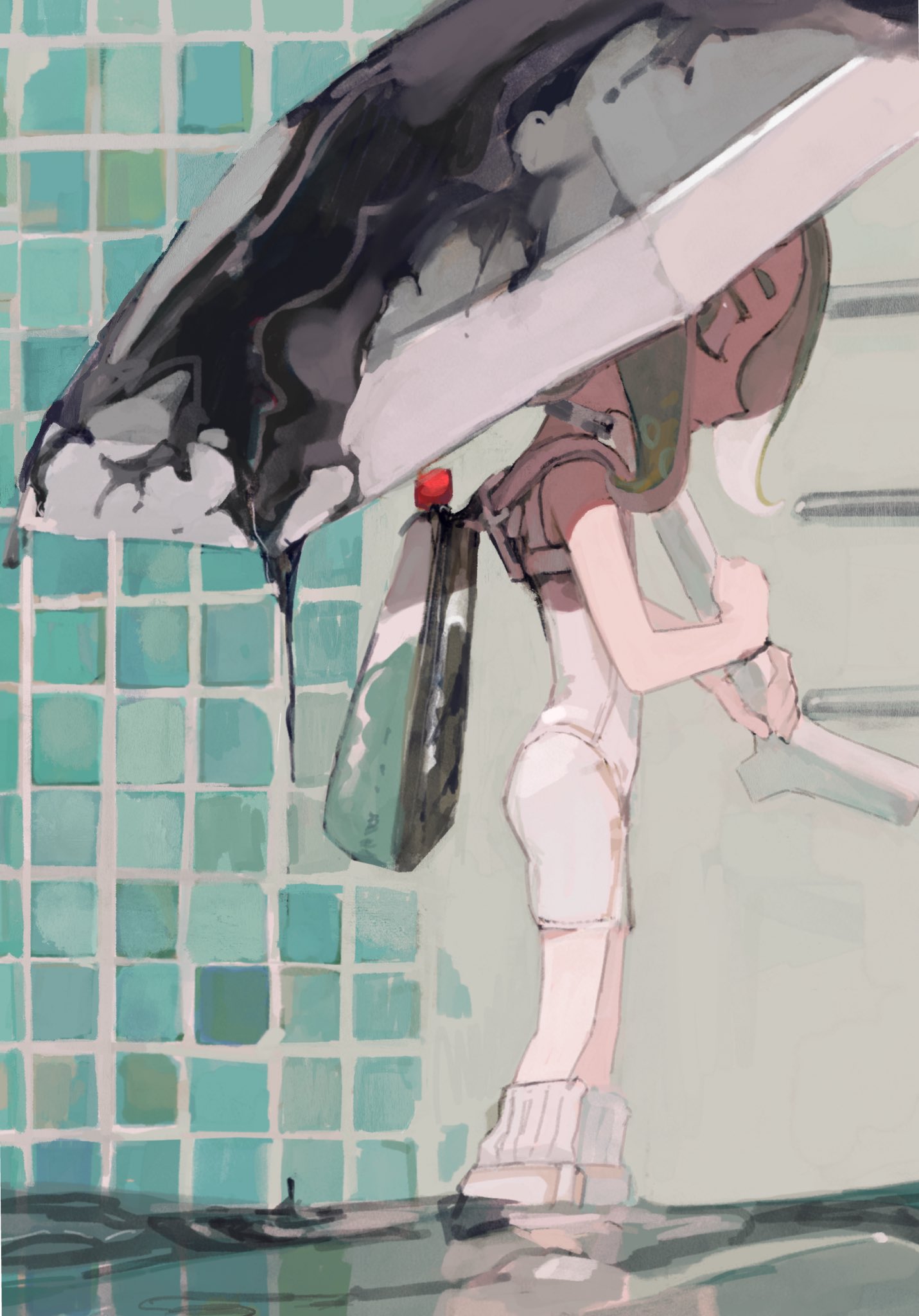 1girl, agent_8_(splatoon), bodysuit, full_body, green_hair, highres, holding, holding_umbrella