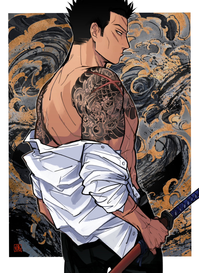 1boy, 2_o_tori, arm_tattoo, back, black_eyes, black_hair, black_pants, cowboy_shot