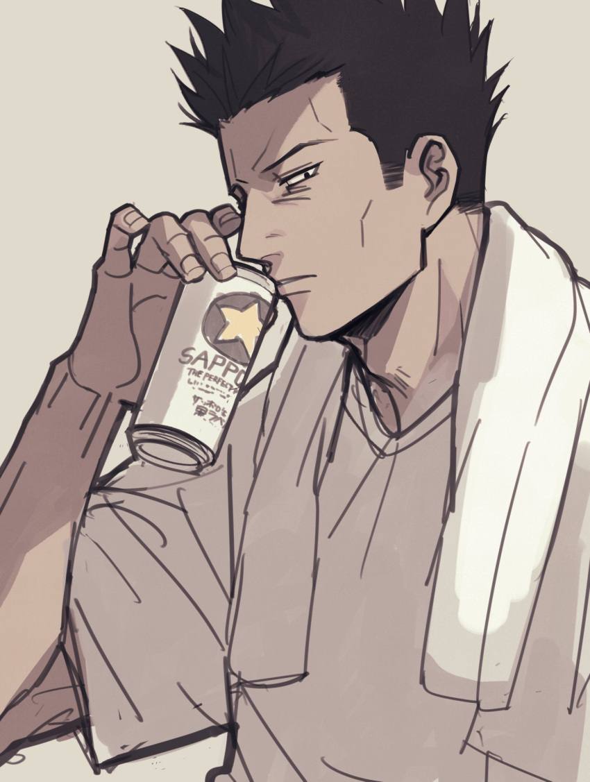 1boy, 2_o_tori, alcohol, beer, beer_can, black_eyes, black_hair, can