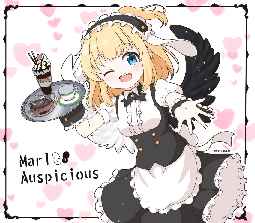 1girl, ;d, animal_ears, apron, black_hairband, black_skirt, black_wings, blonde_hair
