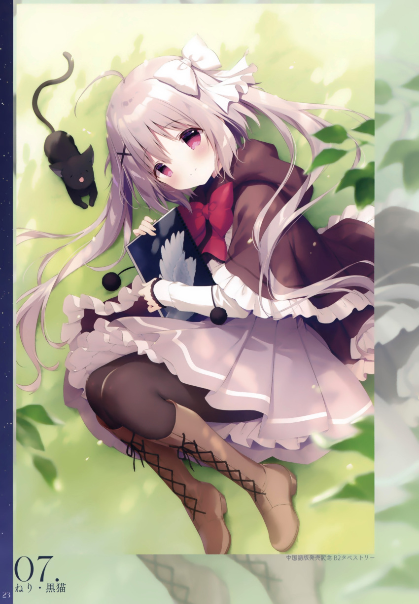 1girl, absurdres, ahoge, animal, black_cat, black_pantyhose, blush, book