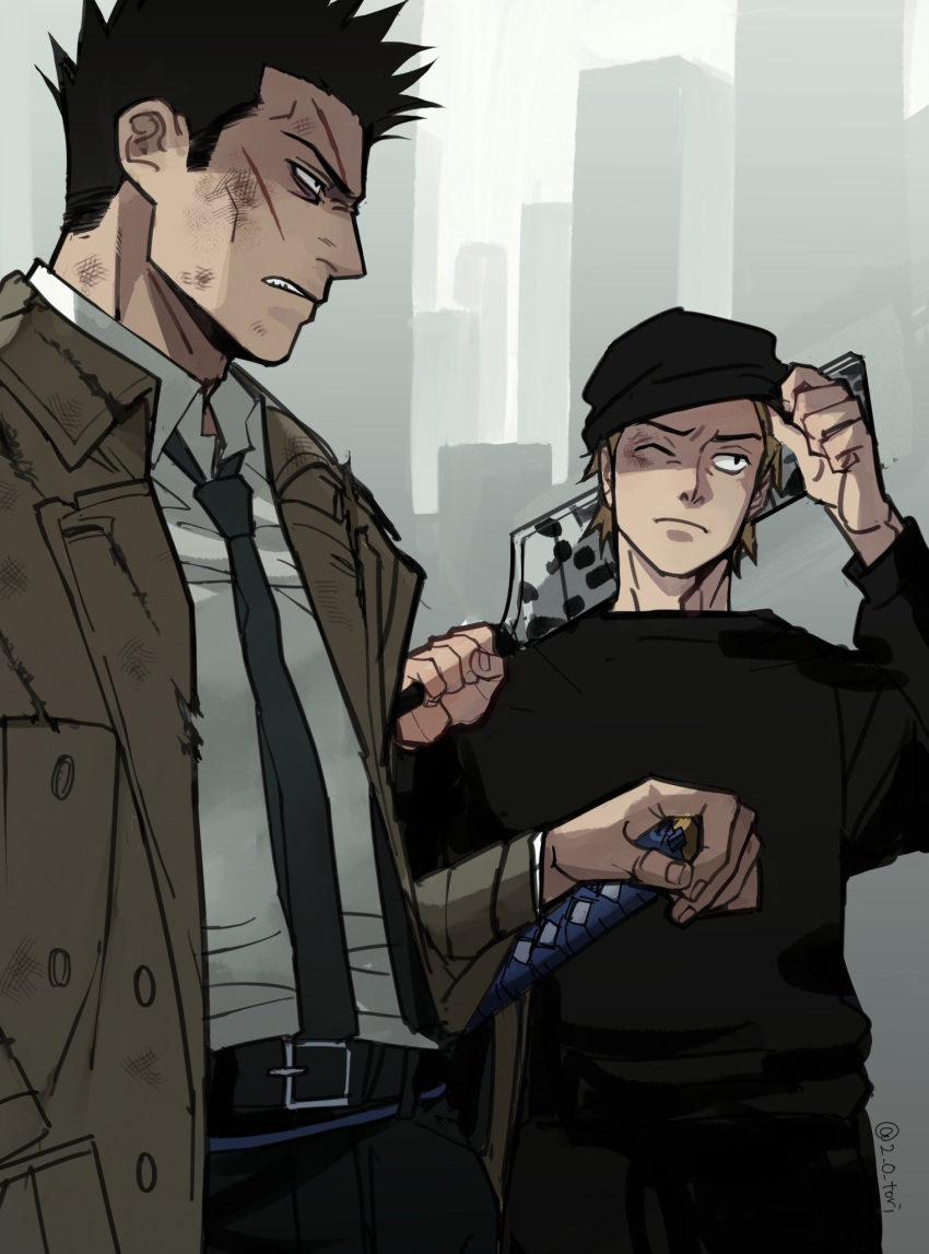 2_o_tori, 2boys, belt, black_belt, black_hair, black_necktie, black_pants, black_sweater