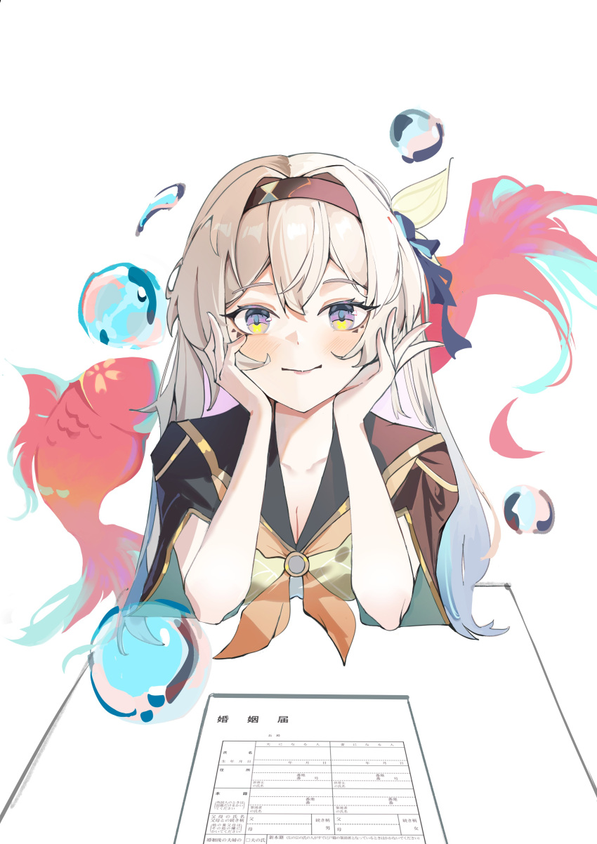1girl, absurdres, black_hairband, black_jacket, blue_pupils, blush, bubble, closed_mouth