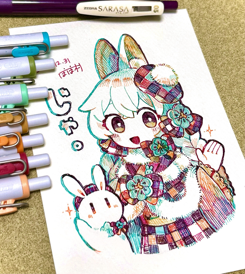 1girl, :d, absurdres, acrylic_paint_(medium), animal_ears, art_tools_in_frame, ballpoint_pen_(medium), bow