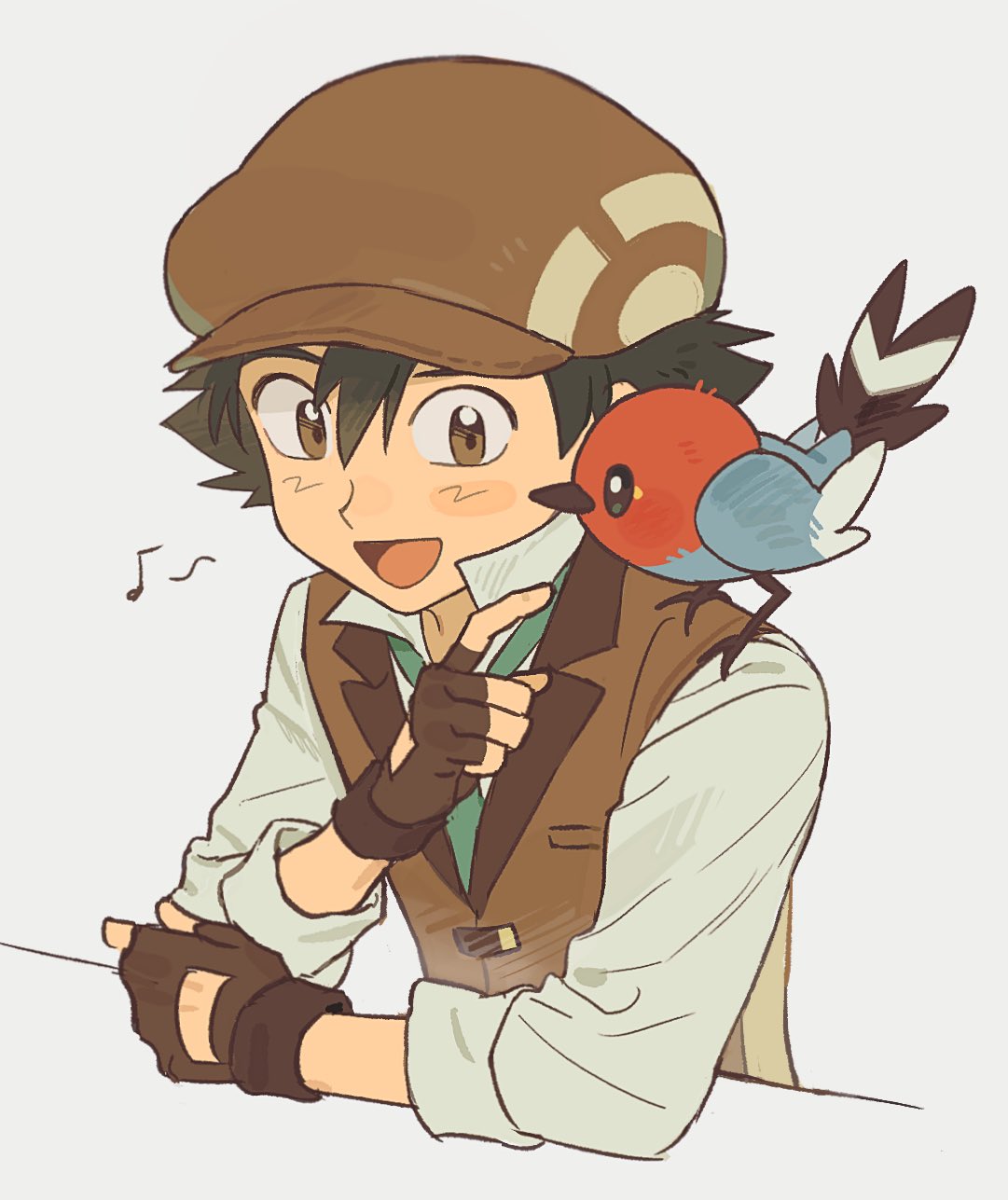 1boy, animal_on_shoulder, ash_ketchum, bird, bird_on_shoulder, black_hair, brown_eyes, brown_gloves, brown_headwear, brown_suit, fingerless_gloves, fletchling, gloves, hair_between_eyes, hat, highres, male_focus, musical_note, p_oxo7, poke_ball_print, pokemon, pokemon_(anime), pokemon_(creature), print_headwear, short_hair, simple_background, suit, white_background