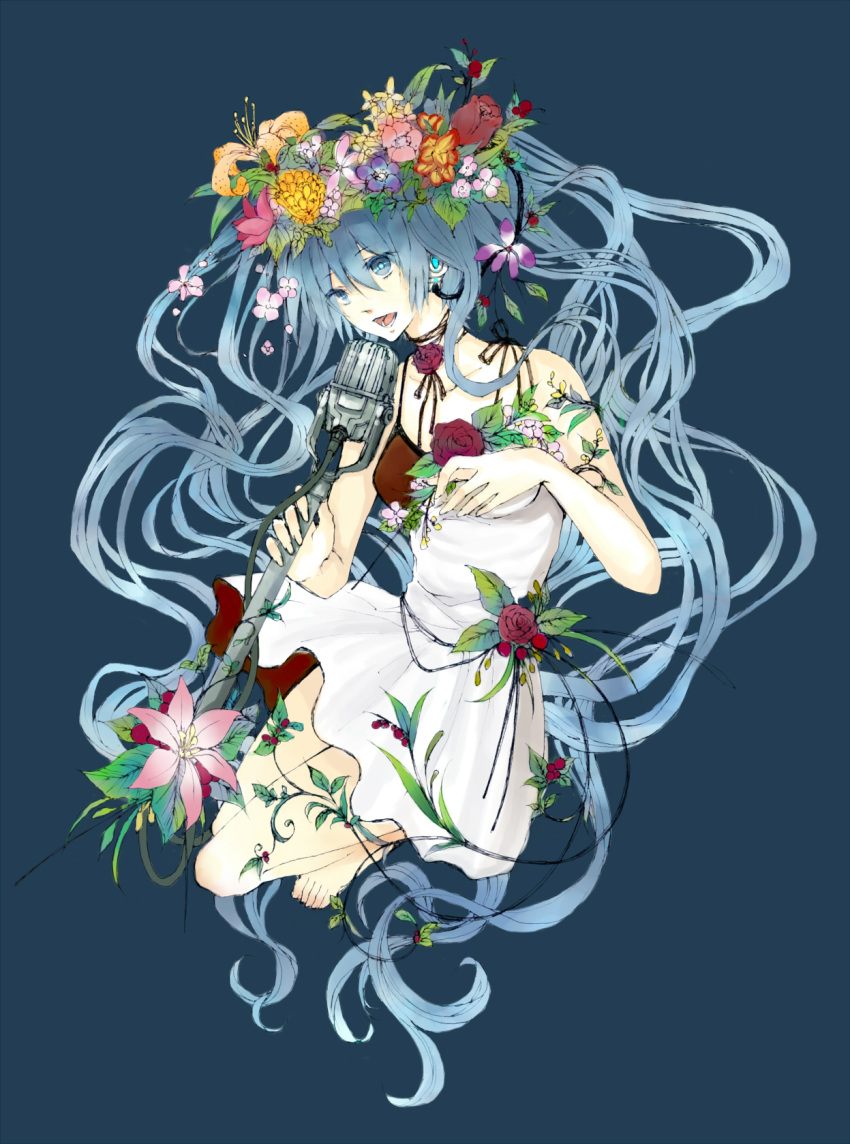 barefoot, blue_eyes, blue_hair, dress, fleur-de-lis, flower, hair_flower, hair_ornament, hatsune_miku, headphones, highres, long_hair, microphone, microphone_stand, solo, twintails, very_long_hair, vocaloid, white_dress