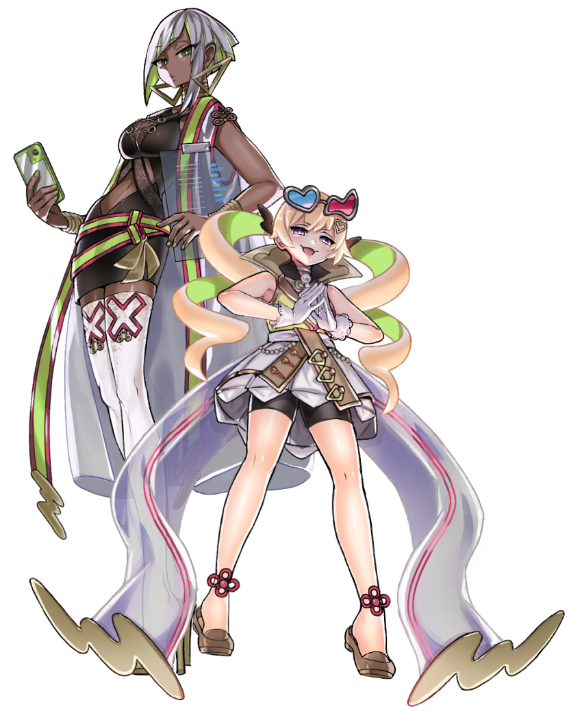2girls, anklet, anonymous_(yu-gi-oh!), bike_shorts_under_skirt, black_dress, blonde_hair, bracelet, breasts, cellphone, colored_inner_hair, dark-skinned_female, dark_skin, dress, drill_hair, duel_monster, earrings, evil_twin's_trouble_sunny, full_body, game_cg, glasses, gloves, green_eyes, green_hair, grey_hair, hand_on_own_hip, height_difference, high_heels, highres, jewelry, loafers, long_hair, looking_at_viewer, luna_(dm)_(yu-gi-oh!), medium_breasts, multicolored_hair, multiple_girls, nail_polish, navel, non-web_source, own_hands_together, phone, shoes, short_hair, smartphone, standing, stitched, sunny_(yu-gi-oh!), thigh-highs, third-party_edit, tiptoes, transparent_background, twin_drills, twintails, two-tone_hair, very_dark_skin, violet_eyes, white_dress, white_gloves, yu-gi-oh!, yu-gi-oh!_master_duel