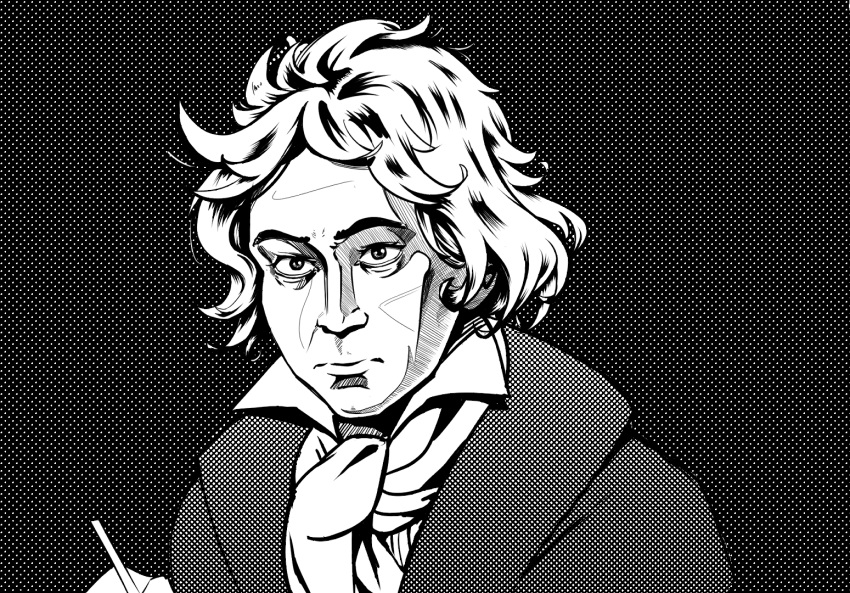 1boy, ascot, bad_link, black_background, drawfag, english_commentary, looking_at_viewer, ludwig_van_beethoven