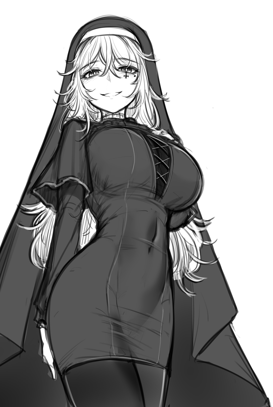 arm_behind_back, beatrice_(greenopi), black_dress, breasts, coif, covering_navel, cowboy_shot, cross