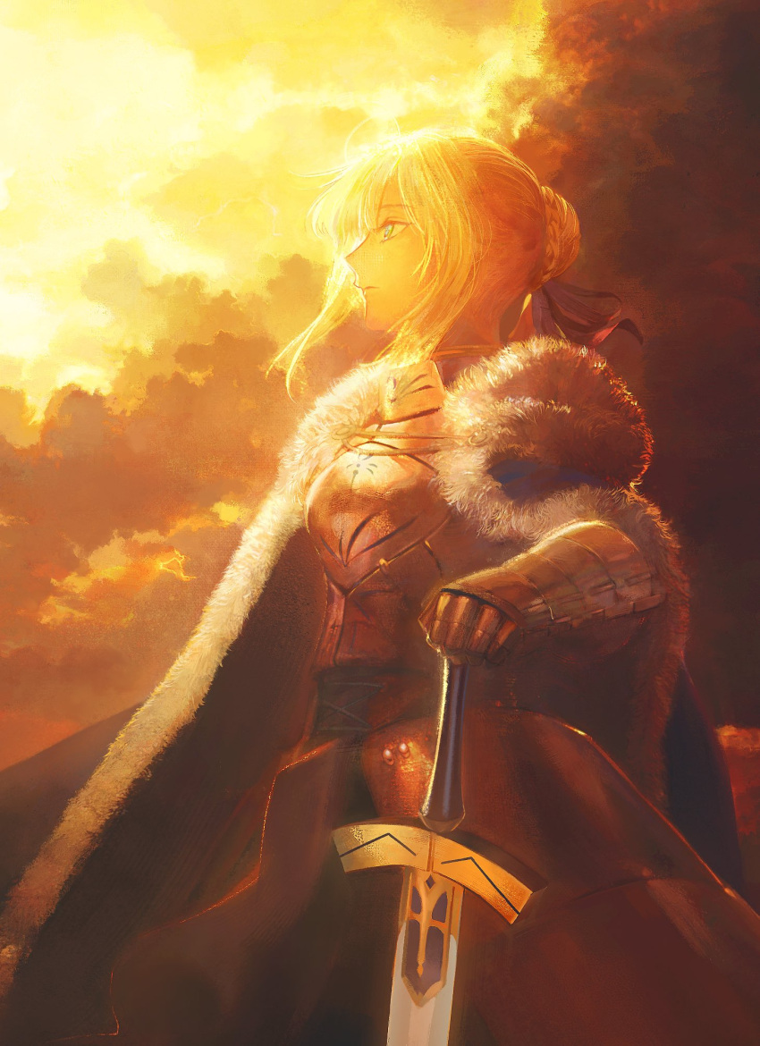 1girl, ahoge, armor, artoria_pendragon_(fate), blonde_hair, cape, dress, fate/stay_night, fate_(series), forzen, fur-trimmed_cape, fur_trim, gauntlets, hair_bun, hand_on_hilt, highres, saber_(fate), sword, twilight, weapon