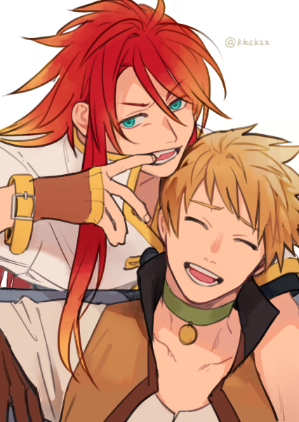 2boys, blonde_hair, blue_eyes, closed_eyes, collar, collarbone, commentary_request, gradient_hair