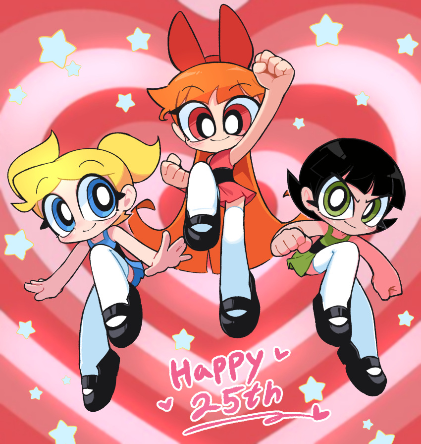 3girls, absurdres, alternate_legwear, anniversary, black_hair, blonde_hair, blossom_(ppg), blue_eyes