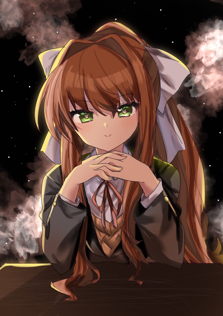 1girl, black_background, brown_hair, brown_sweater, closed_mouth, doki_doki_literature_club, green_eyes, grey_jacket, hair_intakes, hair_ribbon, hiyoko_(96823534), interlocked_fingers, jacket, long_hair, long_sleeves, looking_at_viewer, monika_(doki_doki_literature_club), neck_ribbon, own_hands_together, ribbon, school_uniform, shirt, sitting, smile, solo, sweater, table, upper_body, white_ribbon, white_shirt