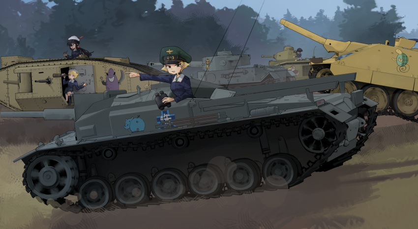 4girls, binoculars, bird, black_footwear, black_hair, blonde_hair, blue_jacket, bob_cut