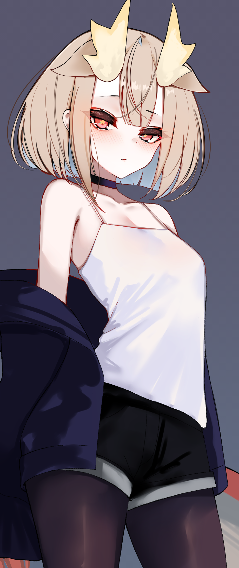 1girl, bare_shoulders, black_choker, black_jacket, black_pantyhose, black_shorts, blonde_hair, blue_hair
