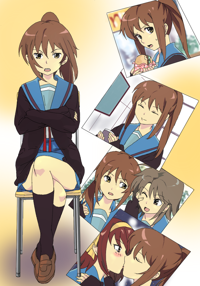blush, flat_chest, food, genderswaper, kiss, koizumi_itsuki, koizumi_itsuki_(female), kyon