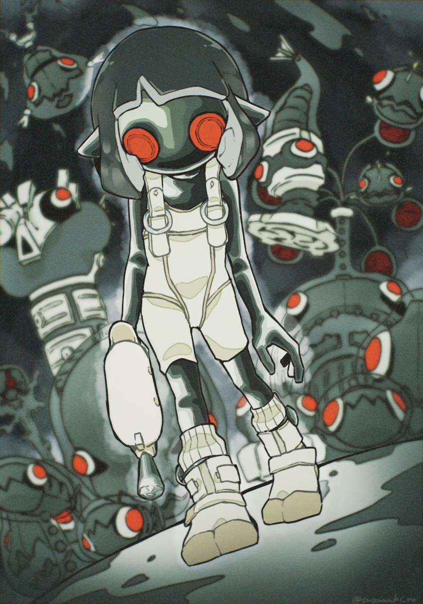 1girl, battering_lento, black_hair, bodysuit, boots, colored_skin, commentary_request, drizzling_cappriccioso