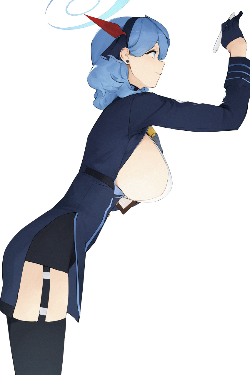 1girl, absurdres, ako_(blue_archive), bent_over, black_gloves, black_hairband, black_thighhighs, blue_archive, blue_dress, blue_eyes, blue_hair, blue_halo, breasts, closed_mouth, dokshuri, dress, earrings, from_side, garter_straps, gloves, hairband, halo, highres, jewelry, large_breasts, long_hair, long_sleeves, pelvic_curtain, pencil, shirt, sideboob, sideless_outfit, sideless_shirt, simple_background, smile, solo, standing, thigh-highs, thighs, white_shirt