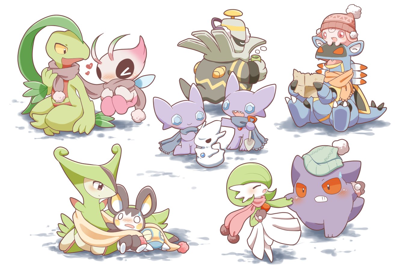 akuasu, alternate_color, armaldo, beanie, blue_scarf, blush, celebi, closed_eyes, cup, dress, dunsparce, dusknoir, emolga, fangs, gardevoir, gengar, ghost, grovyle, hat, heart, holding, holding_cup, holding_map, igglybuff, map, orange_scarf, pink_scarf, pokemon, pokemon_(creature), red_eyes, sableye, scarf, shiny_pokemon, shovel, smile, virizion, white_dress, winter_clothes