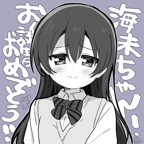 1girl, birthday, blush, breasts, chibi, commentary, dated, greyscale
