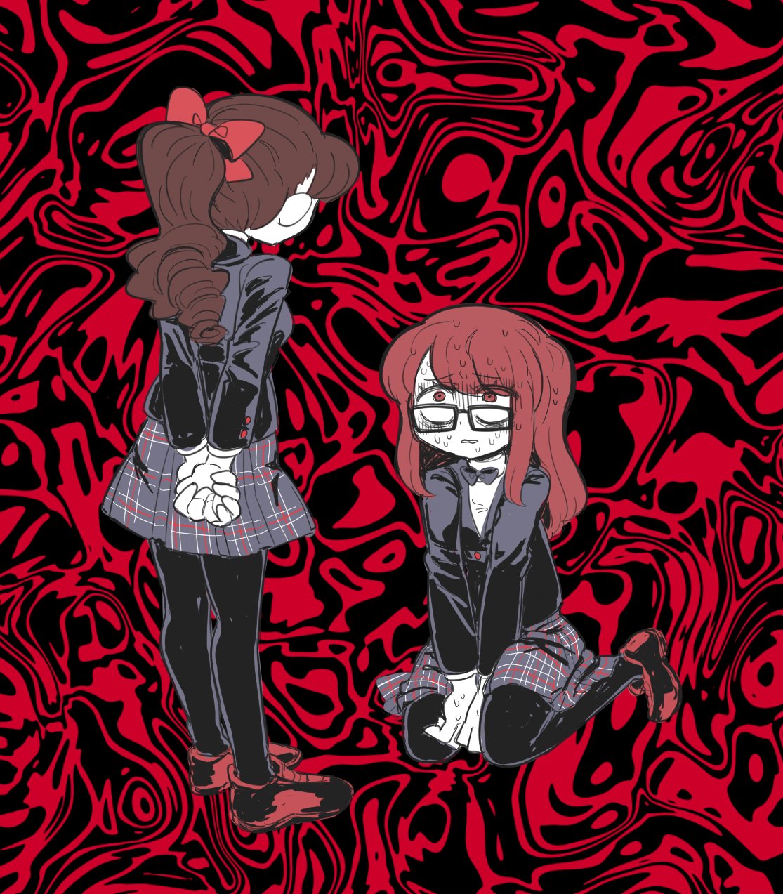 2girls, arms_behind_back, black_jacket, black_pantyhose, black_skirt, bow, brown_hair, facing_away