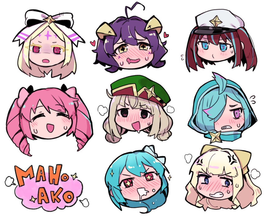 6+girls, ahoge, aimitsu_(ibityuttyu), anger_vein, averting_eyes, blonde_hair, blue_eyes, blue_hair, blush, brown_hair, chibi, closed_eyes, closed_mouth, copyright_name, cross-shaped_pupils, disembodied_head, double_bun, drill_hair, drooling, flying_sweatdrops, forehead_tattoo, full-face_blush, hair_bun, hair_over_one_eye, hat, heart, heart_ahoge, heavy_breathing, highres, leberblume, leoparde_(mahou_shoujo_ni_akogarete), loco_musica, magia_azure, magia_baiser, magia_magenta, magia_sulfur, mahou_shoujo_ni_akogarete, military_hat, mouth_drool, multicolored_hair, multiple_girls, nero_alice, open_mouth, pink_eyes, pink_hair, purple_hair, red_eyes, star_tattoo, streaked_hair, symbol-shaped_pupils, tattoo, twin_drills