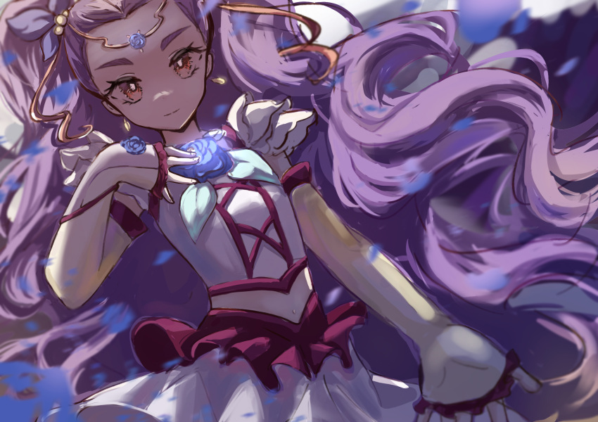 1girl, armor, blue_flower, blue_rose, brown_eyes, circlet, closed_mouth, commentary, cowboy_shot, cross-laced_clothes, cross-laced_top, earrings, elbow_gloves, eyelashes, fingerless_gloves, flower, flower_brooch, frilled_skirt, frills, gloves, gold_earrings, hand_on_own_chest, highres, jewelry, leaf, light_smile, long_hair, looking_at_viewer, magical_girl, midriff, milky_rose, mimino_kurumi, navel, palms, pauldrons, petals, precure, purple_background, purple_hair, rose, rose_petals, shirt, short_sleeves, shoulder_armor, skirt, solo, symbol-only_commentary, two_side_up, very_long_hair, wavy_hair, white_gloves, white_shirt, white_skirt, white_sleeves, wrist_flower, xiao_gu_(xg112), yes!_precure_5, yes!_precure_5_gogo!