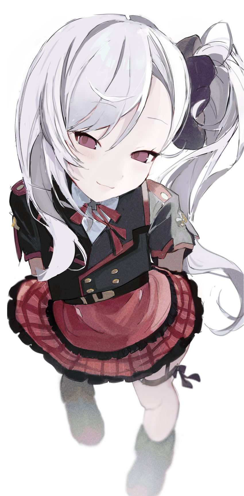 1girl, :3, absurdres, arms_behind_back, belt, black_footwear, black_jacket, black_scrunchie, blue_archive, closed_mouth, cropped_jacket, dizzy_(nadecola9), dot_nose, forehead, full_body, grey_hair, hair_ornament, hair_scrunchie, highres, jacket, long_hair, looking_at_viewer, mutsuki_(blue_archive), neck_ribbon, plaid, plaid_skirt, red_ribbon, red_skirt, ribbon, scrunchie, shirt, short_sleeves, side_ponytail, skirt, solo, swept_bangs, thigh_strap, violet_eyes, white_background, white_shirt