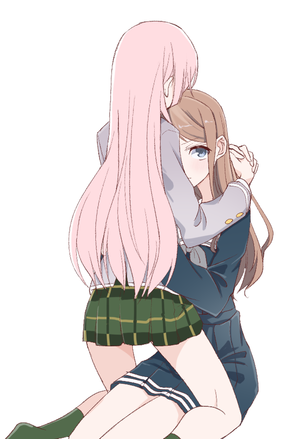 2girls, bang_dream!, bang_dream!_it's_mygo!!!!!, blue_eyes, blue_serafuku, blue_shirt, blue_skirt, brown_hair