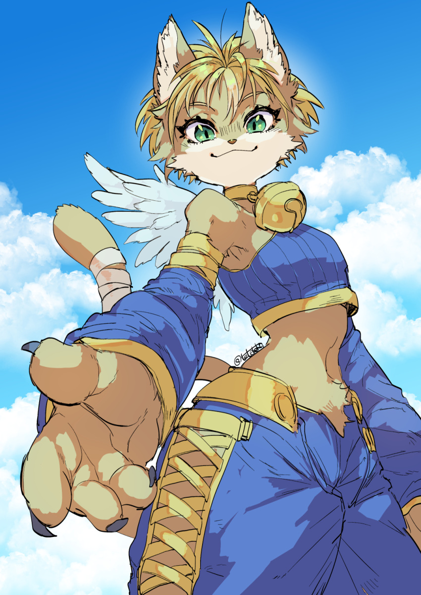 :3, animal_ears, animal_nose, bandaged_tail, bare_shoulders, bell, blonde_hair, brown_fur