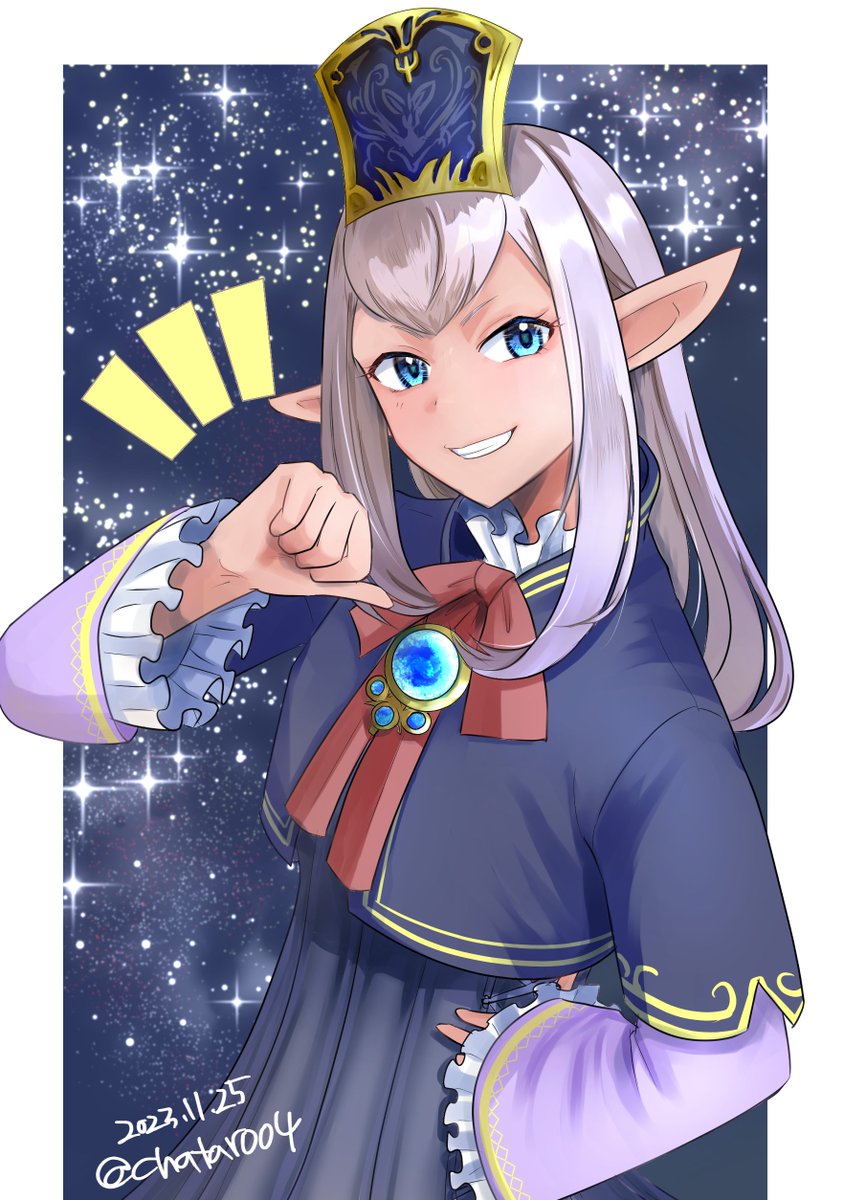 1girl, 2023, blue_eyes, blue_gemstone, brooch, chatarou_bekkan, dated, elf, elvaan, final_fantasy, final_fantasy_xi, frilled_sleeves, frills, gem, grey_hair, grin, hand_on_own_hip, highres, jewelry, long_hair, long_sleeves, pointing, pointing_at_self, pointy_ears, prishe, red_ribbon, ribbon, smile, solo, teeth, thumbs_up, twitter_username