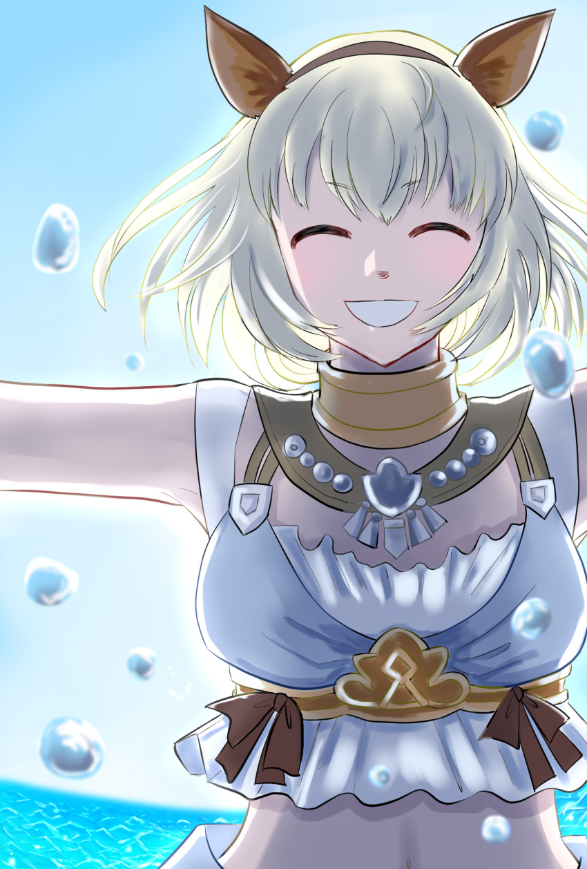 1girl, :d, ^_^, adventurer_(ff11), animal_ears, backlighting, bikini, black_hairband, blonde_hair, blue_sky, breasts, cat_ears, cat_girl, chatarou_bekkan, clear_sky, closed_eyes, day, final_fantasy, final_fantasy_xi, floating_hair, hairband, highres, medium_breasts, mithra_(ff11), navel, outdoors, outstretched_arms, short_hair, sky, smile, solo, spread_arms, swimsuit, water, water_drop