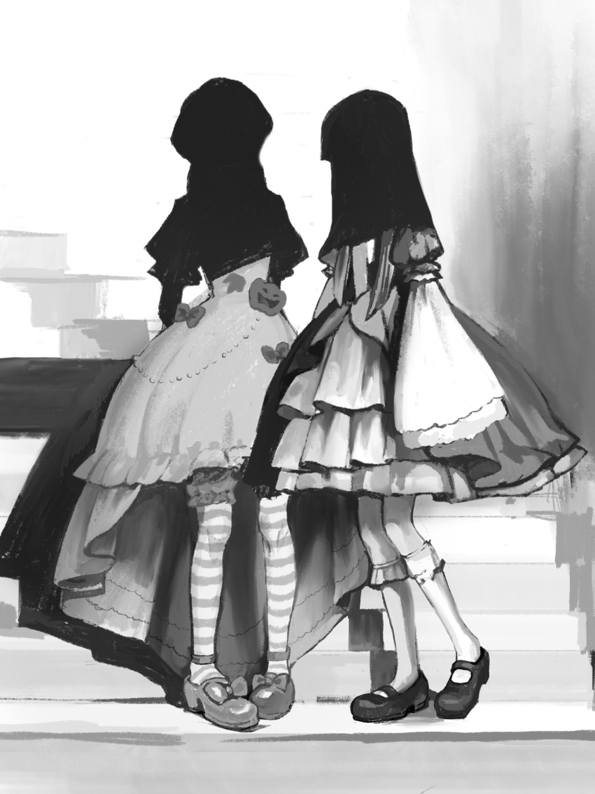 2girls, dress, face_in_shadow, facing_viewer, frederica_bernkastel, full_body, greyscale, highres