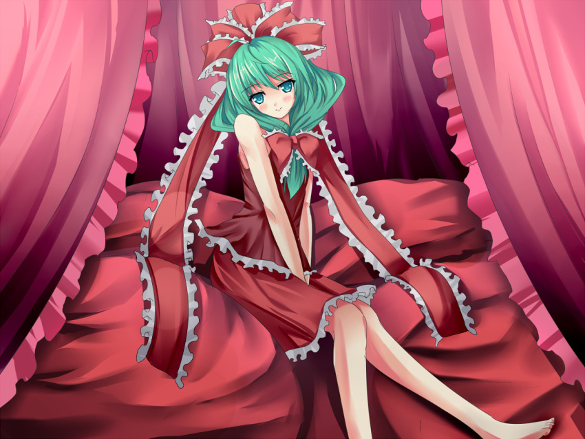 bare_shoulders, blush, bow, flat_chest, frills, green_eyes, green_hair, hair_bow