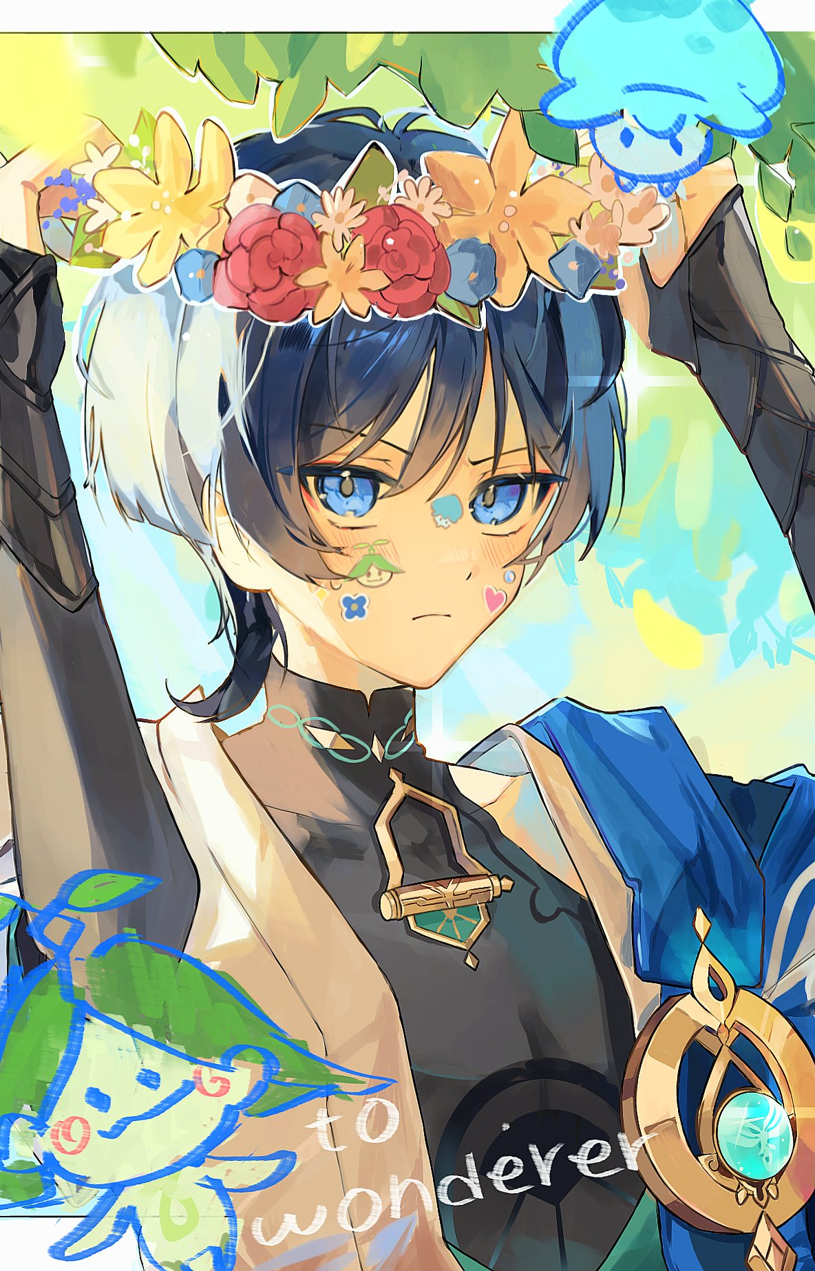 1boy, aranara_(genshin_impact), arms_up, black_gloves, black_shirt, blue_eyes, blue_flower, blue_gemstone