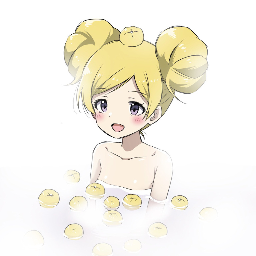 1girl, armpits, bare_shoulders, bathing, blonde_hair, blush, breasts, collarbone