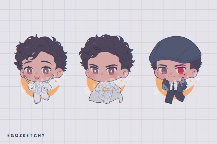 3boys, animification, artist_name, belt, beret, black_belt, black_footwear, black_gloves