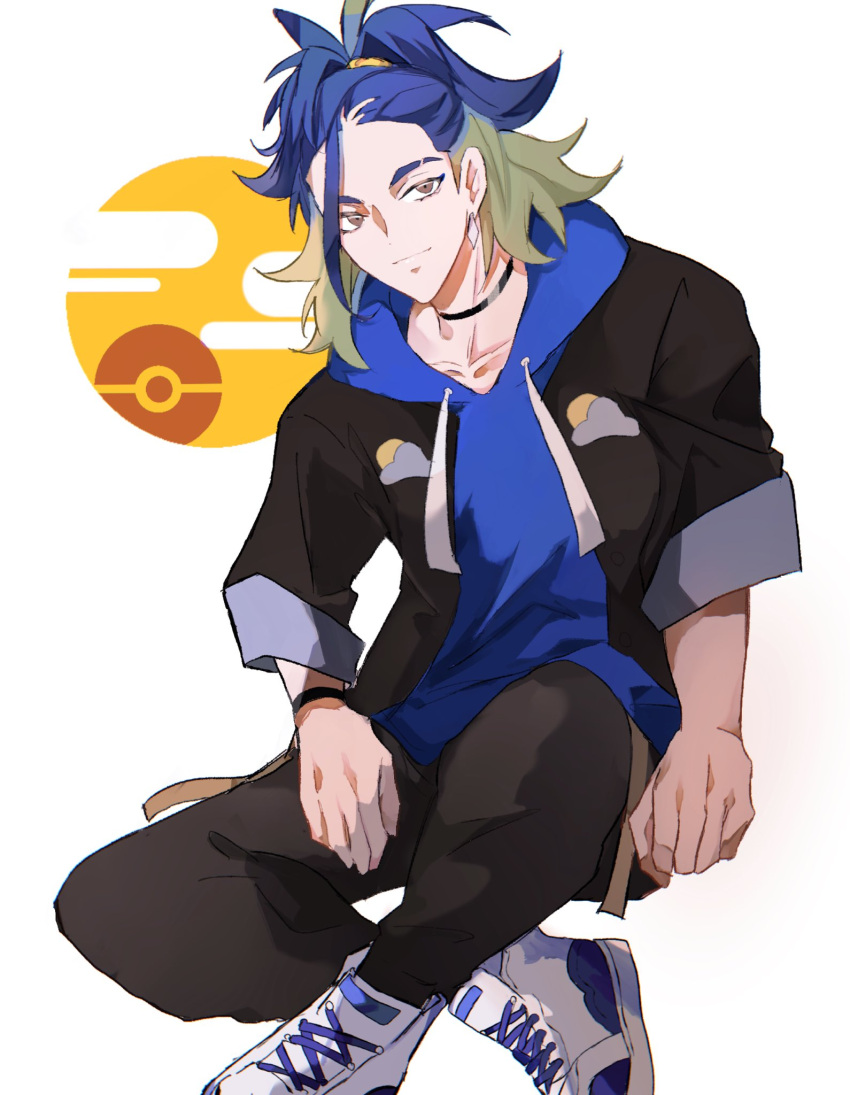 1boy, adaman_(pokemon), adaman_(special_costume)_(pokemon), blue_hair, blue_hoodie, brown_eyes, collarbone, delta_(hainesan55), eyebrow_cut, highres, hood, hoodie, looking_at_viewer, male_focus, multicolored_hair, official_alternate_costume, pokemon, pokemon_masters_ex, solo, two-tone_hair, white_footwear