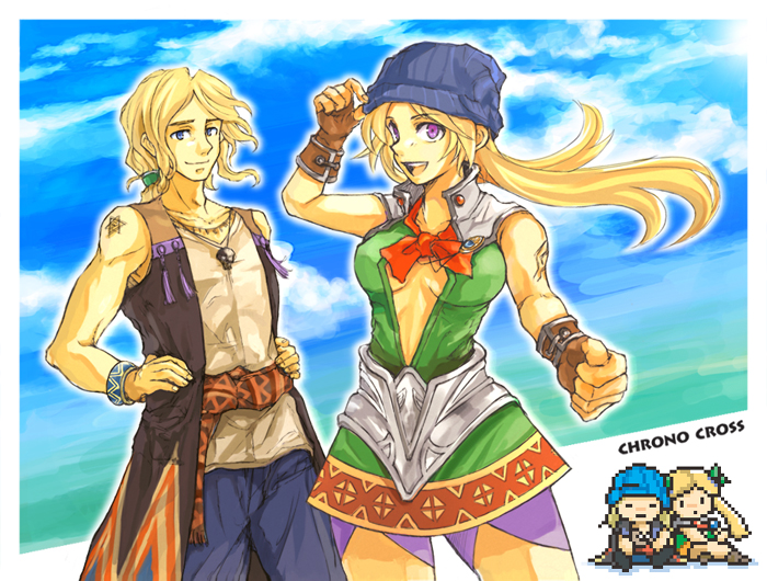 blonde_hair, blue_eyes, bracelet, center_opening, chrono_cross, cloud, doc_(chrono_cross), gloves, hat, jacket, jewelry, long_hair, necklace, ocean, orlha, purple_eyes, skirt, sky, tommy0117, violet_eyes