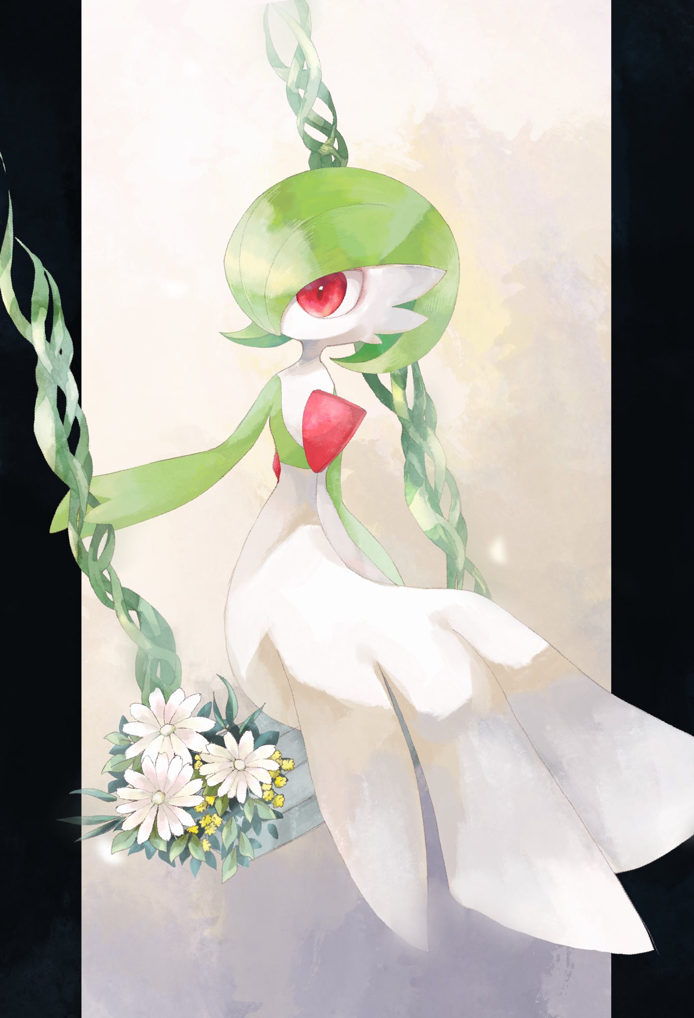 black_border, border, colored_skin, commentary_request, flower, gardevoir, gardevoir_day, green_hair